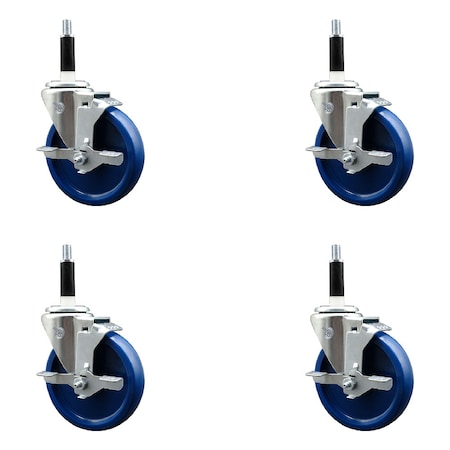 Service Caster 5'' SS Solid Poly Swivel 7/8'' Expanding Stem Caster Set with Brake, 4PK SCC-SSEX20S514-SPUS-TLB-78-4
